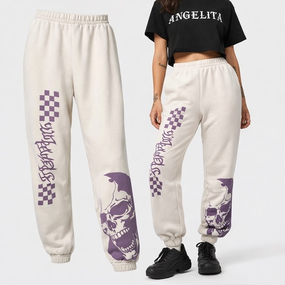 New Girl Order Pants - New Girl Order | Graphic Skull Jogger Sweatpants | Cream | US 6 UK 10